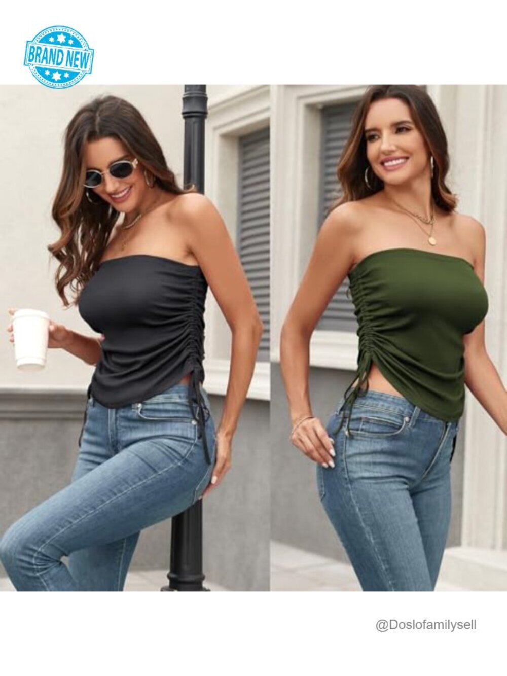 Cotton Ribbed Tube Tops 2 Pack Drawstring Ruched Strapless Bandeau - Picture 3 of 7